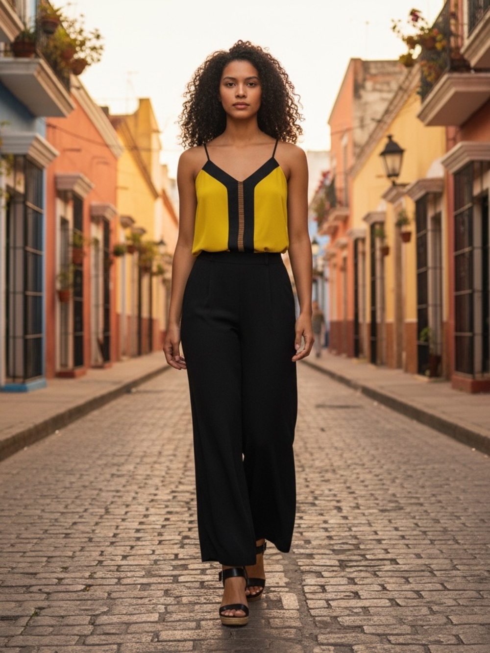 Forever 21 Mustard and Black Contrast Spaghetti-Strap Blouse